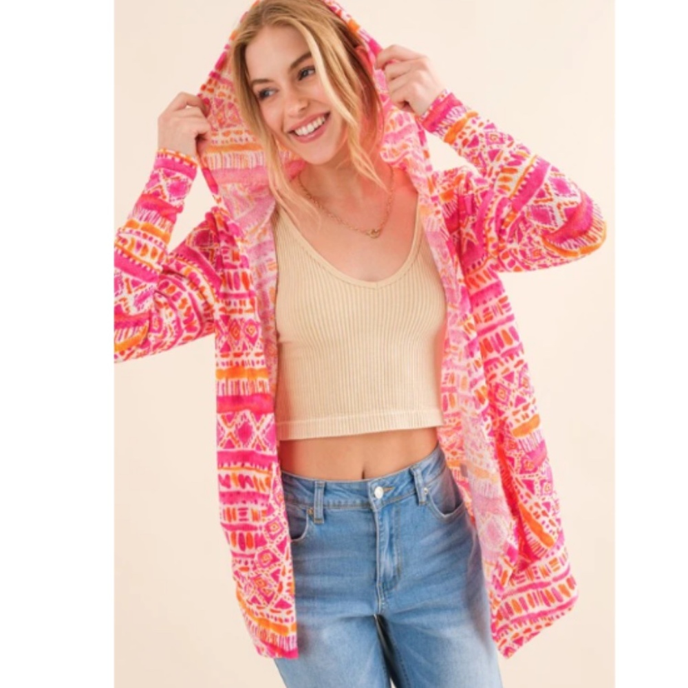 Vibrant Pink Patterned Hooded Cardigan Sweater NWOT sz Lg